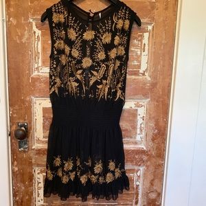FREE PEOPLE Gold Black Embroidered Dress